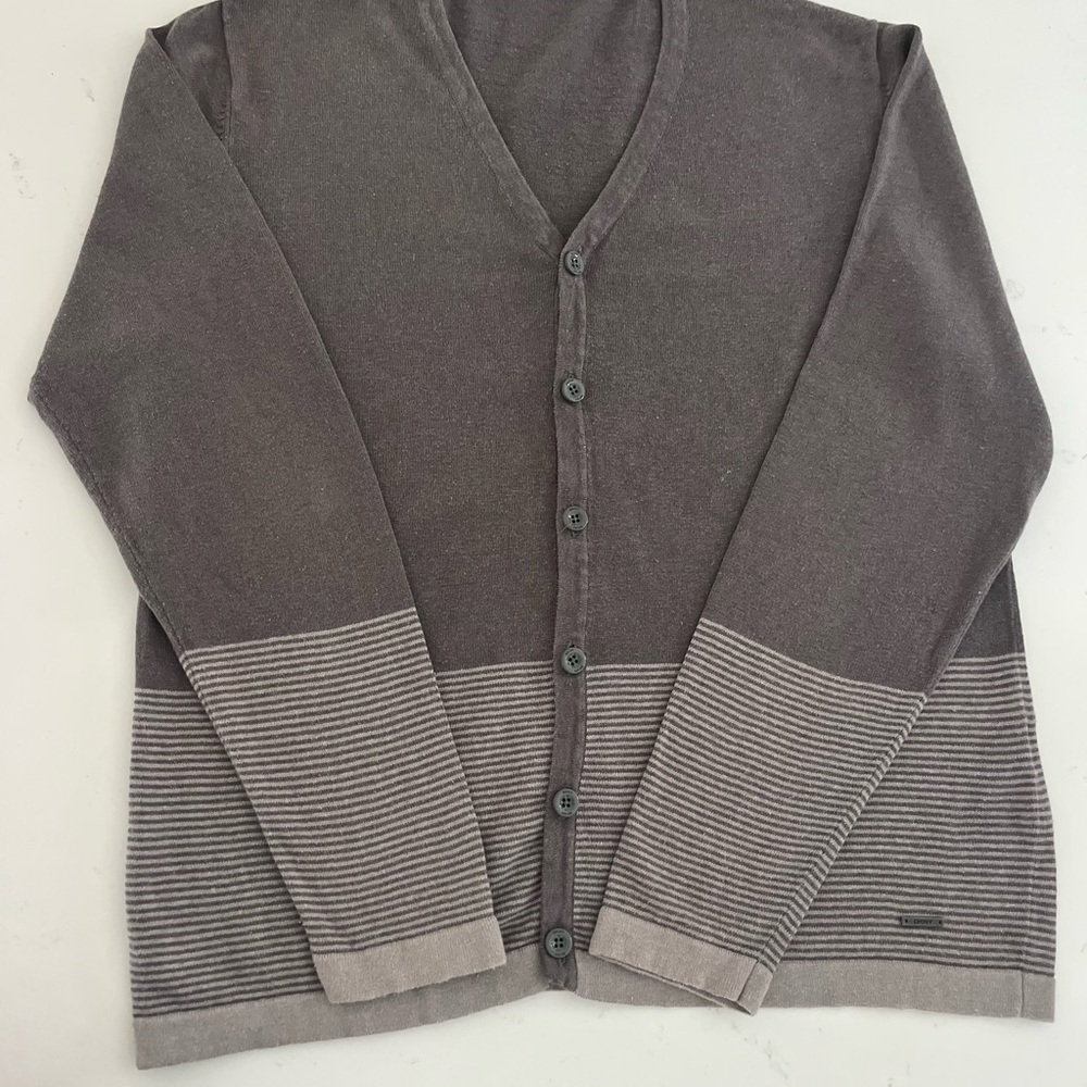 DKNY Men's Brown Gray V-Neck Button Cardigan with Striped Hem